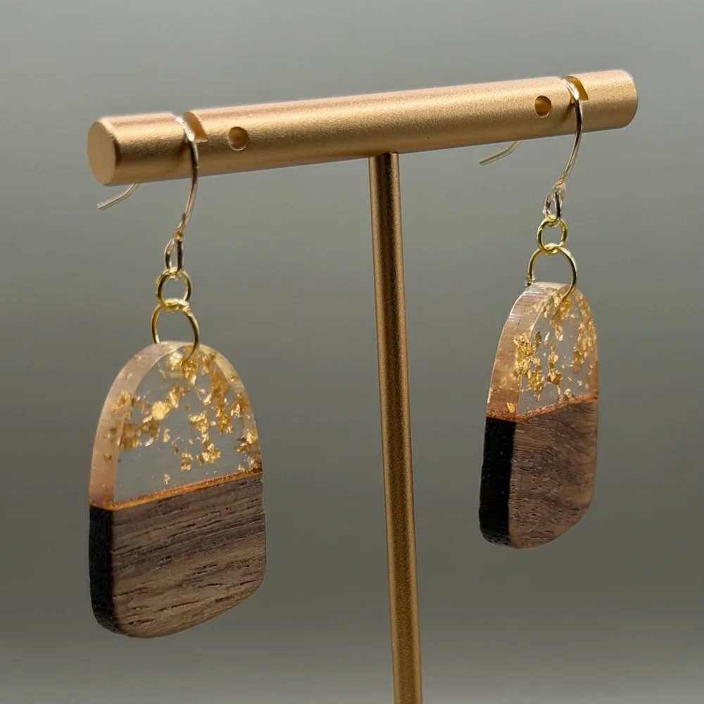 Handmade Wood & Resin Arch Dangle Earrings – Gold Leaf Boho Statement